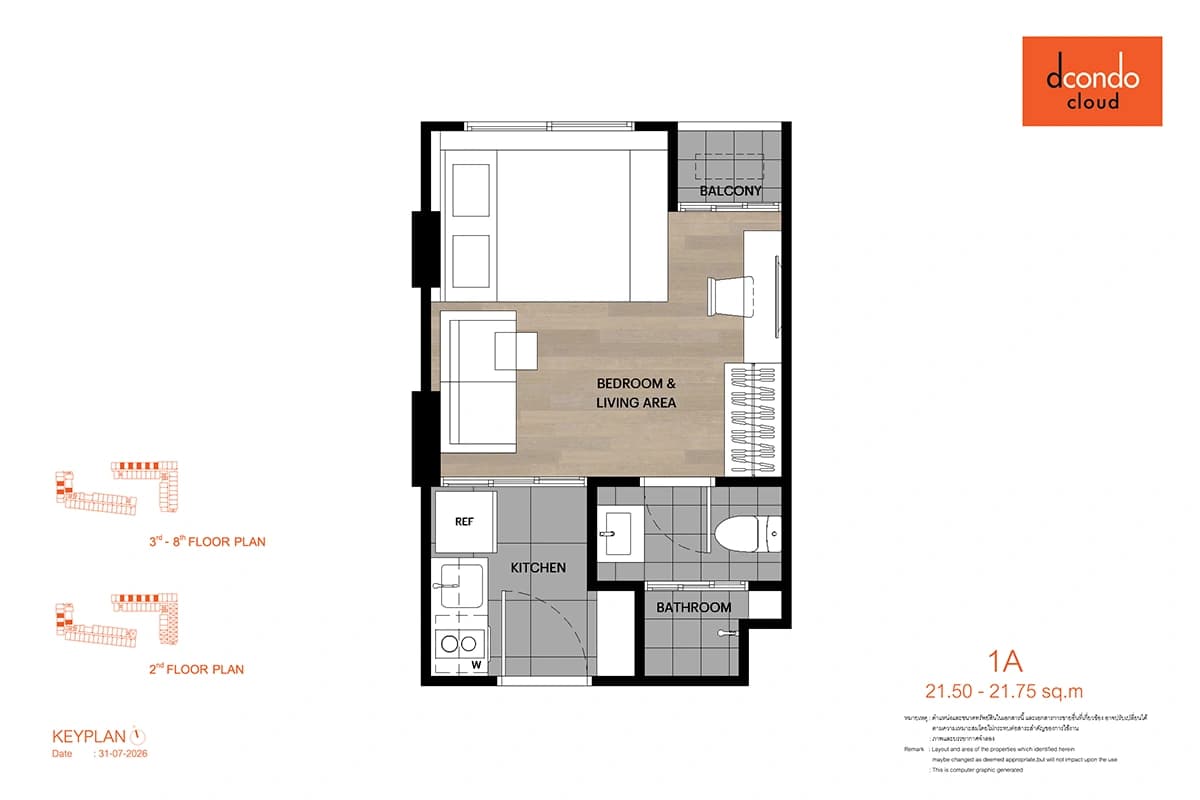 1 ห้องนอน (1A) 22 ตร.ม.